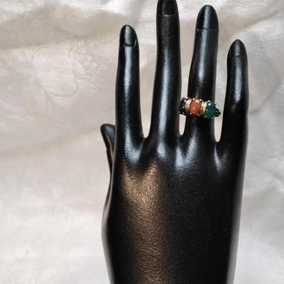 Vintage Scarab Carved Stones Gold Vermeil Ring Size 5
