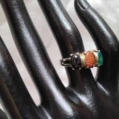 Vintage Scarab Carved Stones Gold Vermeil Ring Size 5