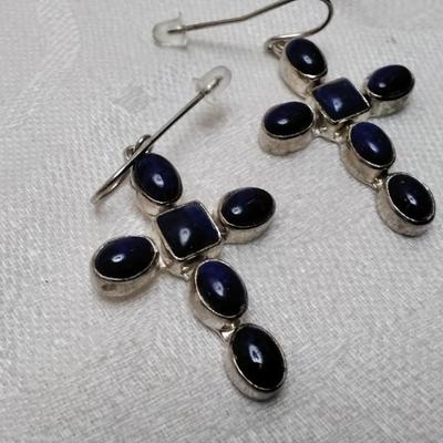 Vintage Hand Signed Handmade JP (Navajo) Lapis Lazuli Cross 925 Earrings