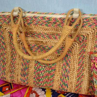 LOT 327. THREE WOVEN BAGS AND VINTAGE FABRIC