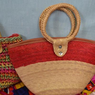 LOT 327. THREE WOVEN BAGS AND VINTAGE FABRIC