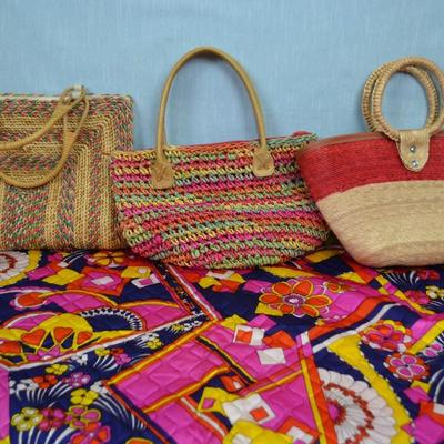 LOT 327. THREE WOVEN BAGS AND VINTAGE FABRIC