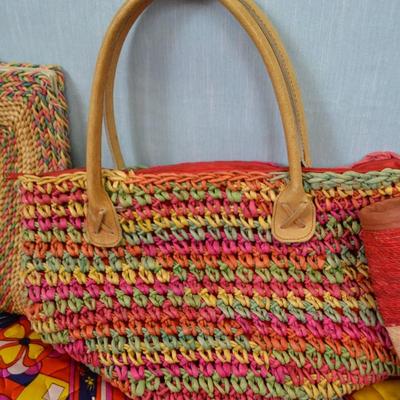 LOT 327. THREE WOVEN BAGS AND VINTAGE FABRIC