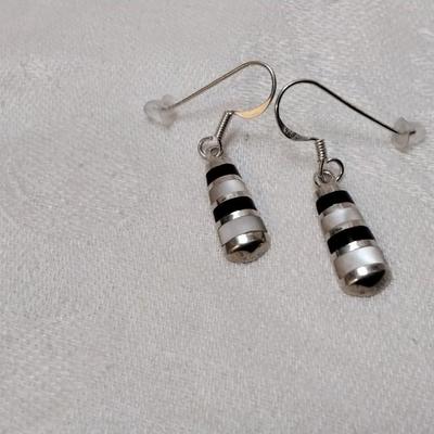 Vintage Mother of Pearl and Onyx Inlay 925 Earrings