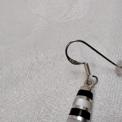 Vintage Mother of Pearl and Onyx Inlay 925 Earrings