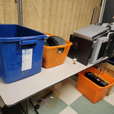Folding table, 2 totes with computer items, great for company or for banquets