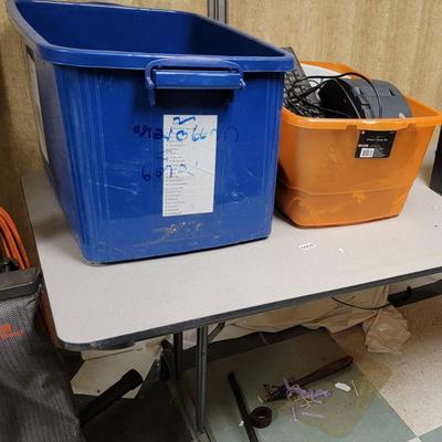 Folding table, 2 totes with computer items, great for company or for banquets