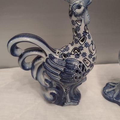 Pair of Ceramic Blue and White Rooster Home Decor Statuettes