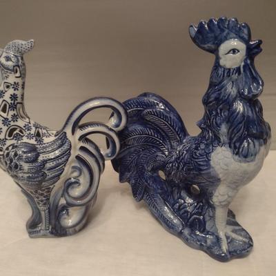 Pair of Ceramic Blue and White Rooster Home Decor Statuettes