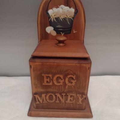 Solid Wood Folk Art 'Egg Money' Lidded Hanging or Countertop Box