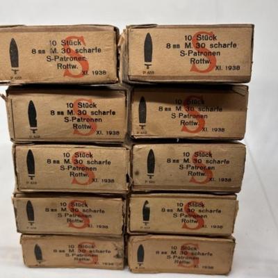 German NOS WWII 8mm Mauser ammo Dated 1938