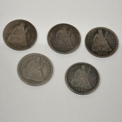 Lot of 5 Seated Liberty Dimes - 1887,1838,1891,1884 90% Silver