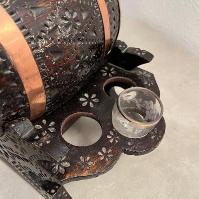 Wood Carved Whiskey Barrel with rack