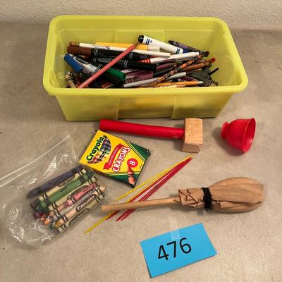 Tub of crayons & other