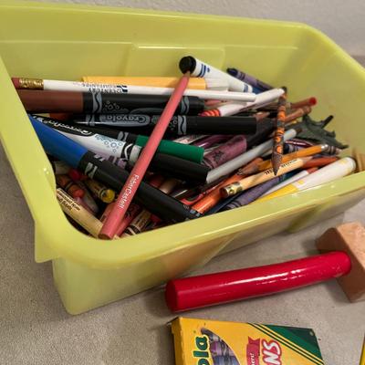 Tub of crayons & other