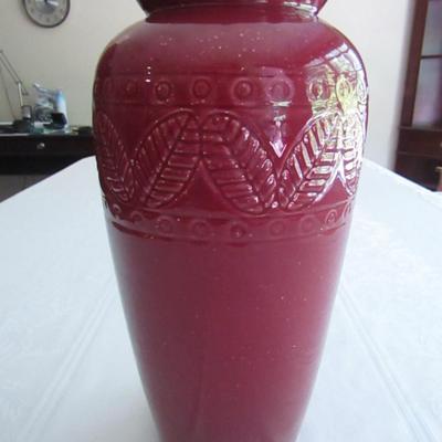 Glazed Ceramic Vase with Leaf Design- Approx 11