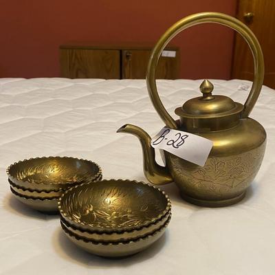 8 Pc India/China Brass Tea Set with 6 Brass Drink Saucers