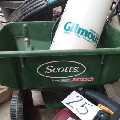 DRIP TUBING, SCOTTS SPREADER AND A WEED SPRAYER