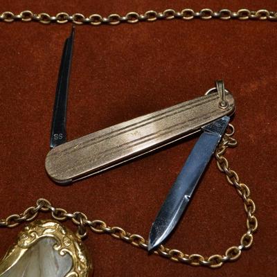 LOT 387. POCKET WATCH CHAIN WITH TIGER CLAW AND PEN KNIFE