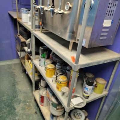 3 set of shelving with all items except electronics and coffee urn