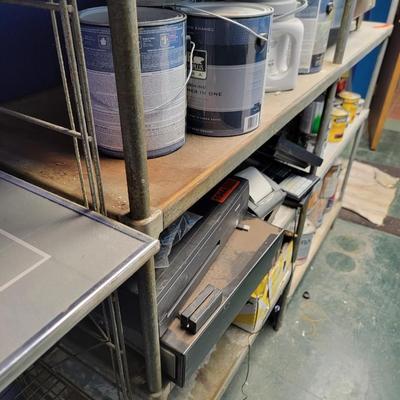 3 set of shelving with all items except electronics and coffee urn