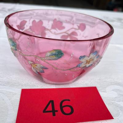 Cranberry Bowl with enamal floral design