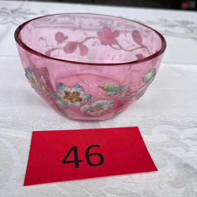 Cranberry Bowl with enamal floral design