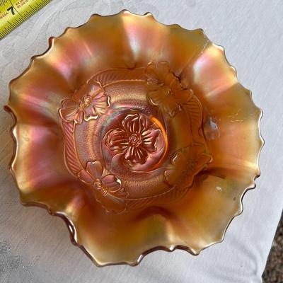 Marigold Carnival Glass Bowl Pansy