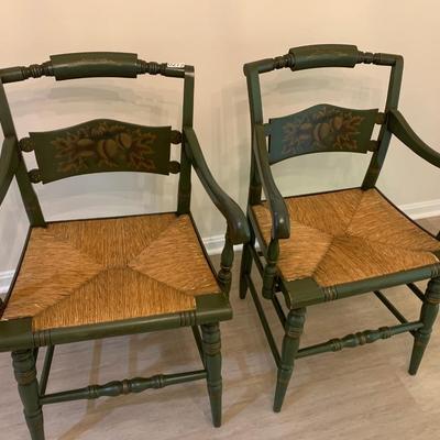 PAIR Signed Hitchcock Rush Seat Arm Chairs
