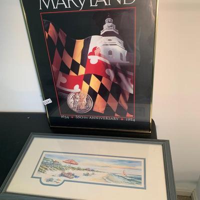 Art Lot - Signed Beach Scene & Maryland Print Framed