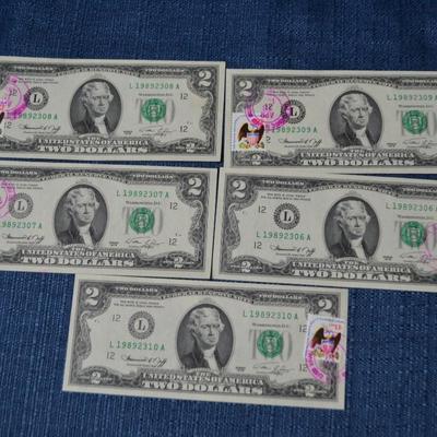 LOT 470   FIVE ISSUE DATE STAMPED TWO DOLLAR BILLS