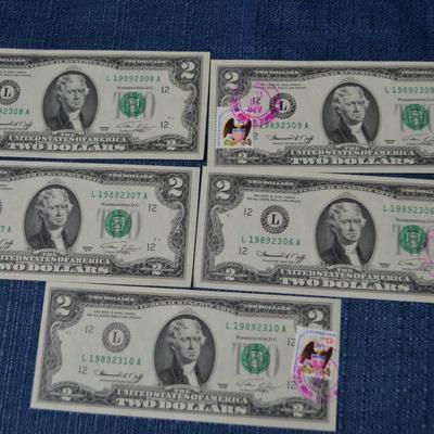 LOT 470   FIVE ISSUE DATE STAMPED TWO DOLLAR BILLS