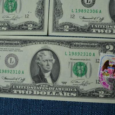 LOT 470   FIVE ISSUE DATE STAMPED TWO DOLLAR BILLS