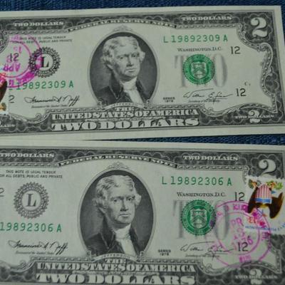 LOT 470   FIVE ISSUE DATE STAMPED TWO DOLLAR BILLS