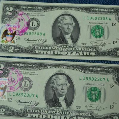 LOT 470   FIVE ISSUE DATE STAMPED TWO DOLLAR BILLS