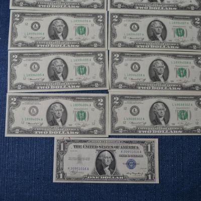 LOT 471. EIGHT TWO DOLLAR GREEN SEAL BILLS AND ONE DOLLAR SILVER CERTIFICATE