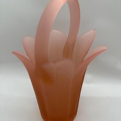 Mikasa Handcrafted by Kurata Pink Satin Frosted Glass Basket Vase w/ Handle