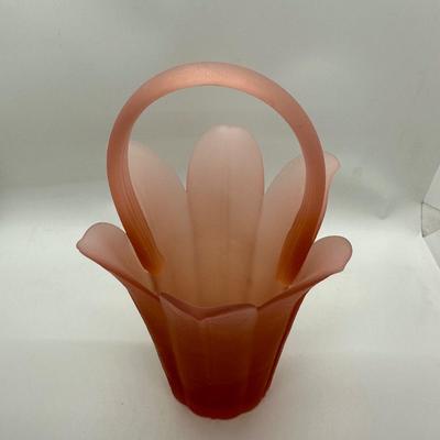 Mikasa Handcrafted by Kurata Pink Satin Frosted Glass Basket Vase w/ Handle