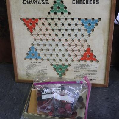 Vintage Chinese Checkers Game Board with Checkers & Dice