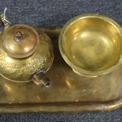 Russian 3 Piece Brass Set - Tray, Teapot, Bowl