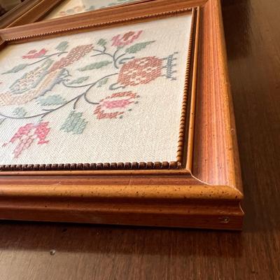 2 Vintage Framed Cross Stitch Folk Art