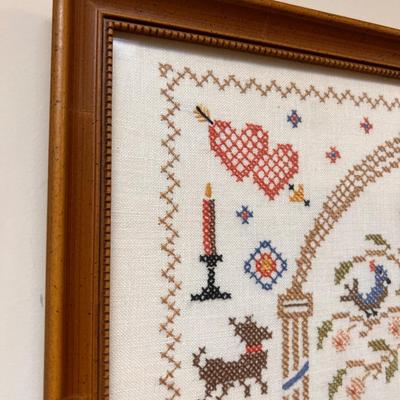Vintage Framed Cross Stitch Folk Art