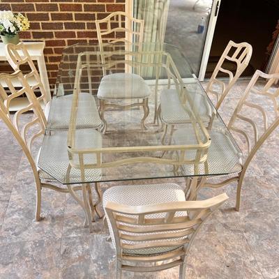 Metal Glass Topped Patio Table with 6 Upholstered Chairs