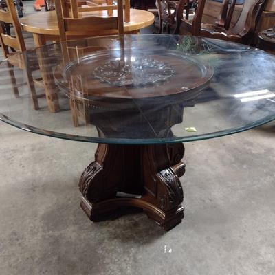 Contemporary Mahogany Finish Pedestal Glass Top Dining Table