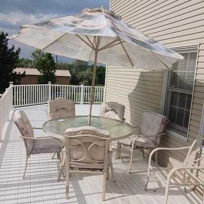 PATIO TABLE WITH 6 CHAIRS, UMBRELLA AND HOLDER