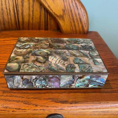 Abalone and brass shell box from  puerto vallarta  Mexico. 6â€ x 4â€.