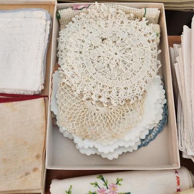 Large Box of Vintage Linens  Lace, Table Cover, Cocktail napkins