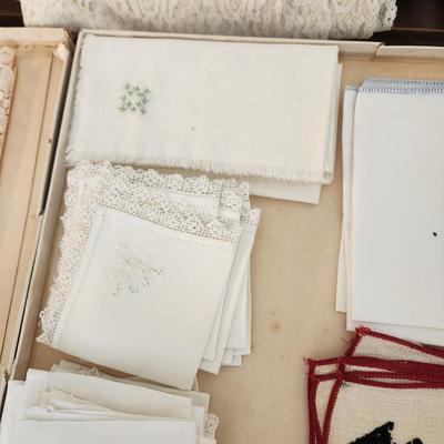 Large Box of Vintage Linens  Lace, Table Cover, Cocktail napkins