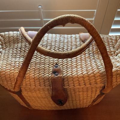 Vintage Straw Purse/Basket with Leather Trim