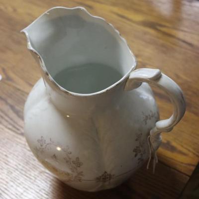 Large White and Gold Pitcher - 11 1/2 inches Tall and 8 1/2 diameter